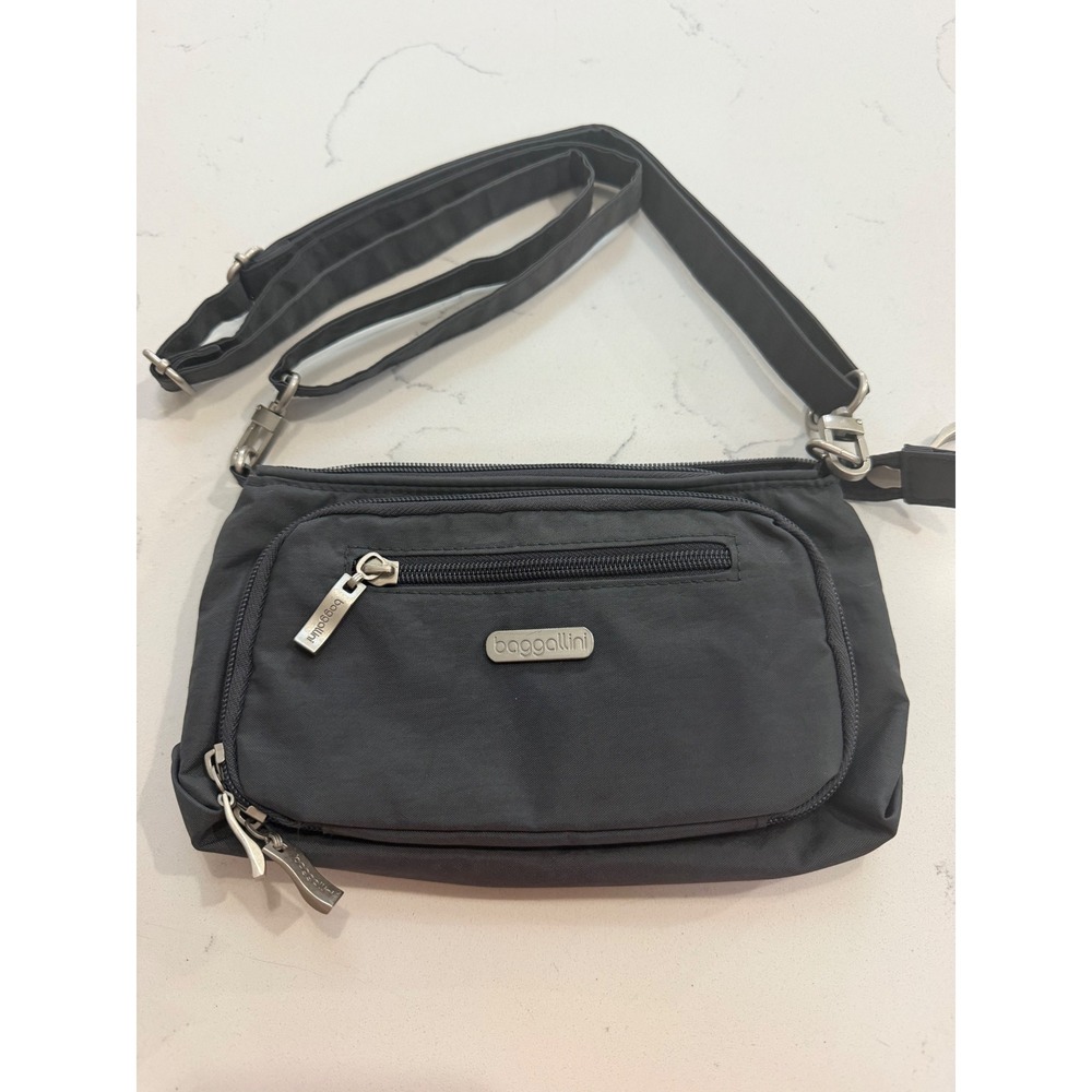 Baggallini Crossbody Charcoal Gray Nylon Multi-Pocket Purse Pink Lining 9"X5"